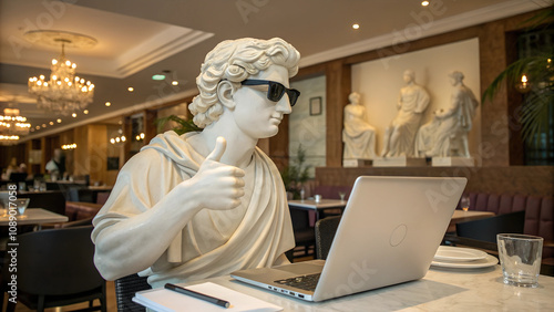 Statue of a Roman man wearing sunglasses and giving a thumbs up while using a laptop in a cafe
