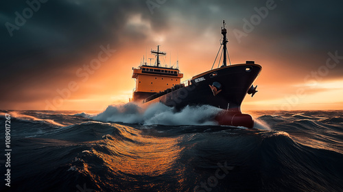 Large cargo ship navigating rough seas during a dramatic sunset, with waves crashing against the hull, highlighting maritime transport and oceanic elements in intense lighting.