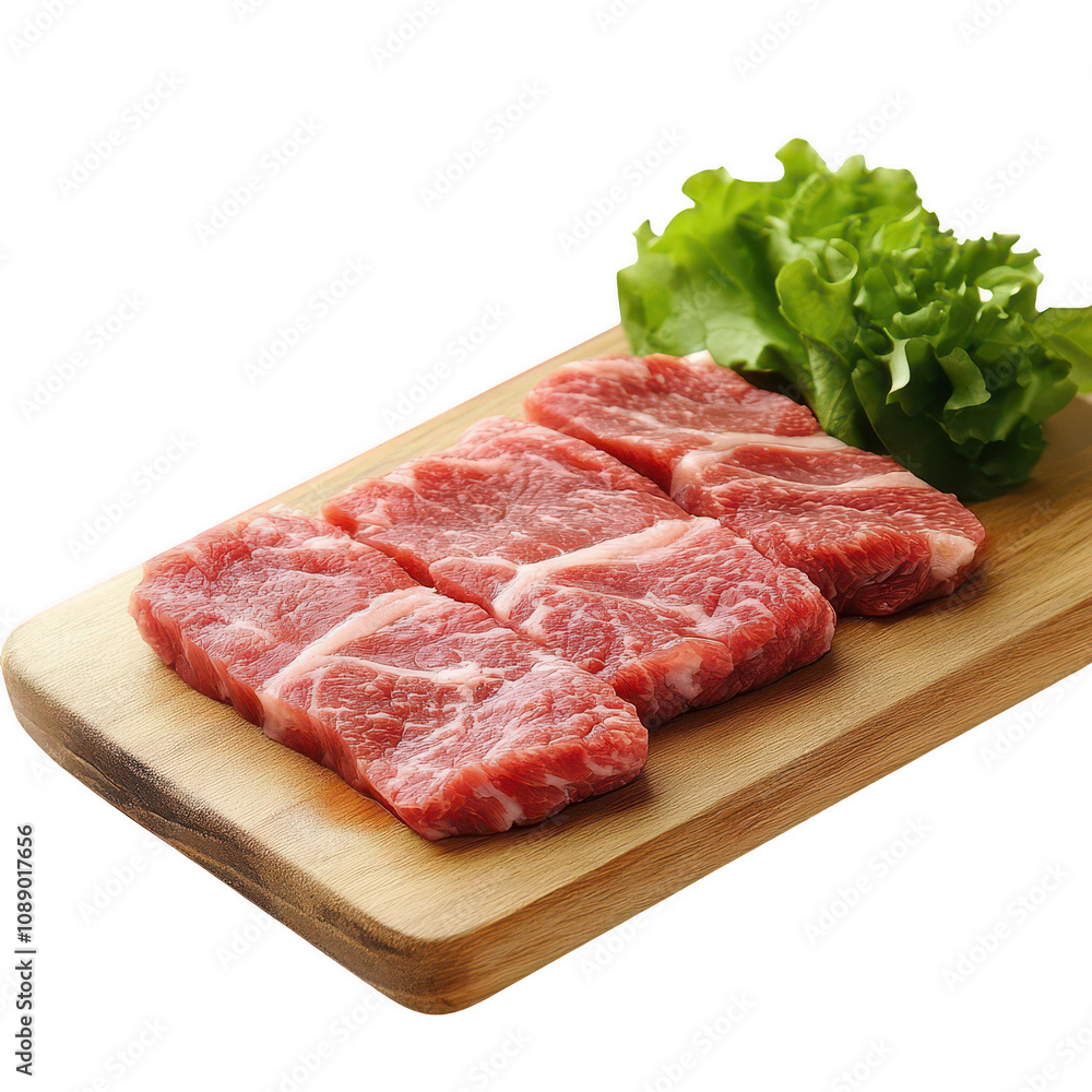 Fresh raw meat slices served with lettuce on a wooden cutting board., isolated on a transparent background. Fresh raw meat slices served with lettuce on a wooden cutting board., isolated on a transparent background.