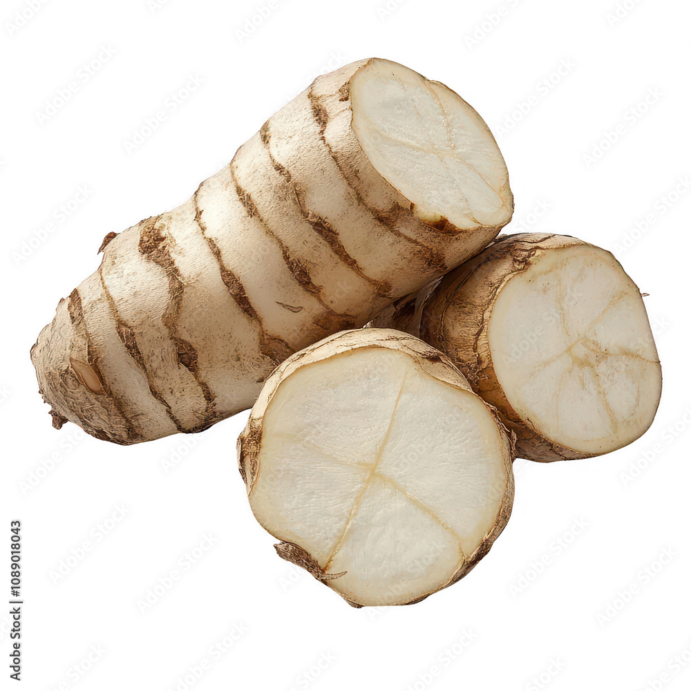 Fresh sliced root vegetable with a textured surface, ideal for culinary use., isolated on a transparent background. Fresh sliced root vegetable with a textured surface, ideal for culinary use., isolated on a transparent background.