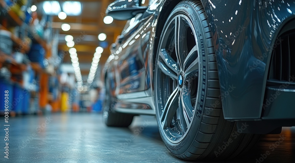 Close-up of a dark luxury car's tire and wheel in a factory setting. Close-up of a dark luxury car's tire and wheel in a factory setting.