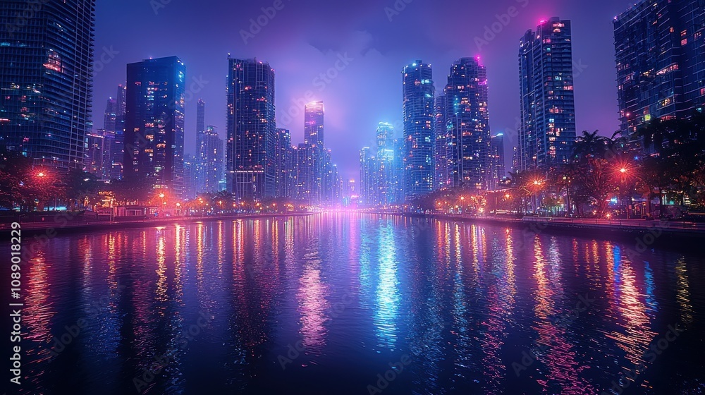 Fototapeta premium Night Cityscape Neon Lights Reflecting on Water Modern Architecture Urban Scenery