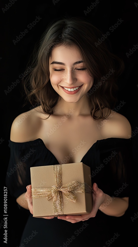 Smiling Woman Holding a Gift Box with a Gold Ribbon Smiling Woman Holding a Gift Box with a Gold Ribbon
