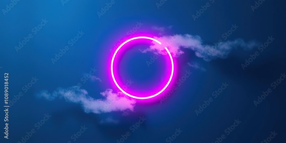 A glowing pink and blue neon circle floats amidst a dark blue canvas as wispy white clouds lazily meander around it, neon ring, gentle hues A glowing pink and blue neon circle floats amidst a dark blue canvas as wispy white clouds lazily meander around it, neon ring, gentle hues
