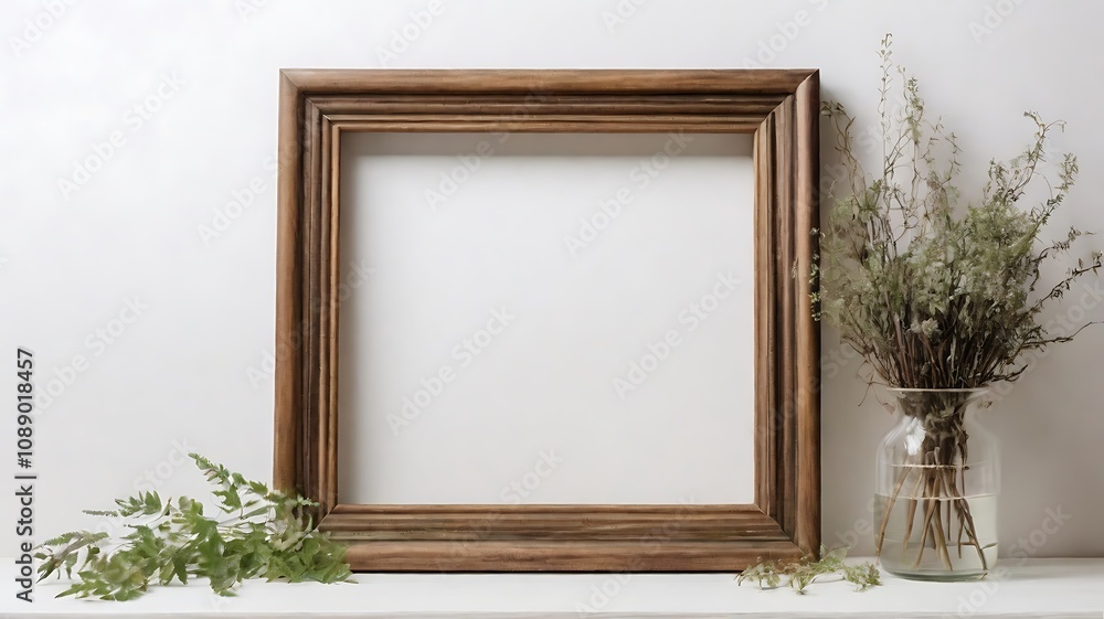 Blank square frame mockup for artwork or print on white wall with eucalyptus plant in vase, frame with copy space Blank square frame mockup for artwork or print on white wall with eucalyptus plant in vase, frame with copy space