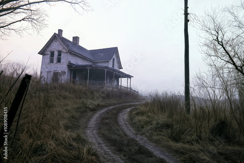 Rural house along a muddy road surrounded by a foggy landscape, creating an eerie and atmospheric scene.