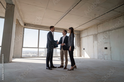 Real estate agent meeting with clients in an unfinished apartment, discussing property potential and future plans.