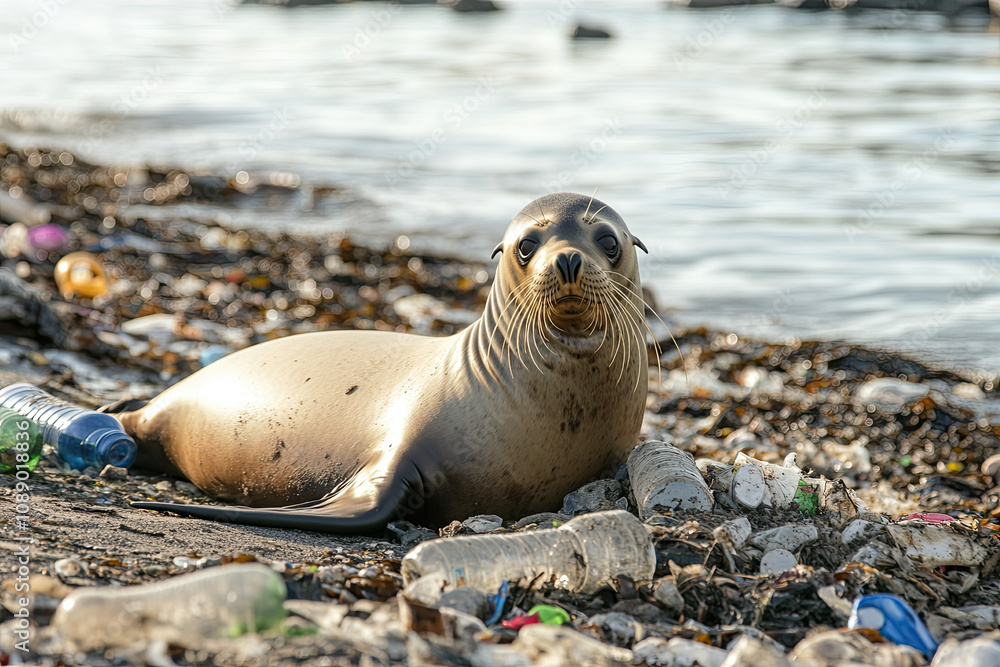 Fototapeta premium A sea lion resting on a polluted shore, surrounded by plastic bottles and trash