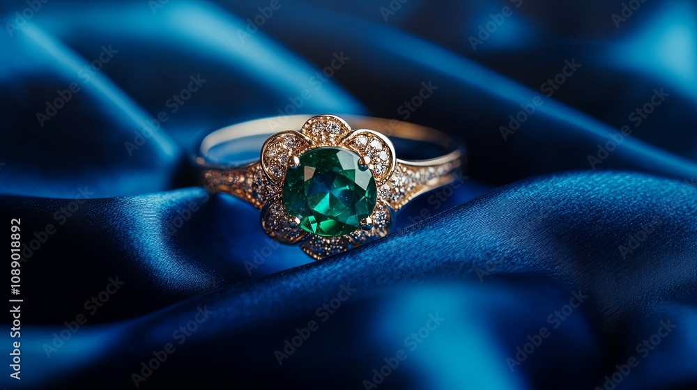 Emerald and Diamond Ring on Blue Satin Fabric Emerald and Diamond Ring on Blue Satin Fabric