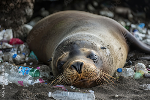 A sea lion resting on a polluted shore, surrounded by plastic bottles and trash photo