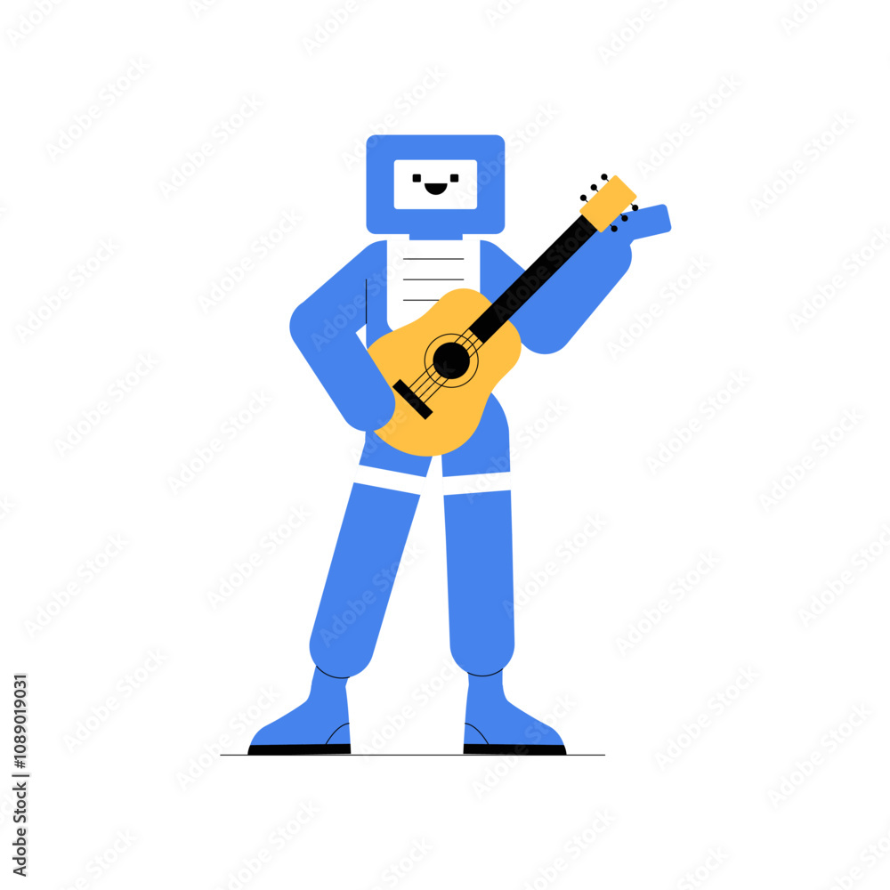 Robot Playing Guitar In Flat Vector Illustration Symbolizing Music, Creativity, And Entertainment, Isolated On White Background.