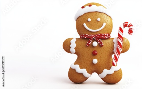 Wallpaper Mural 3D Christmas gingerbread man character with icing decorations, smiling warmly and holding a small candy cane, vibrant colors on a white background  Torontodigital.ca