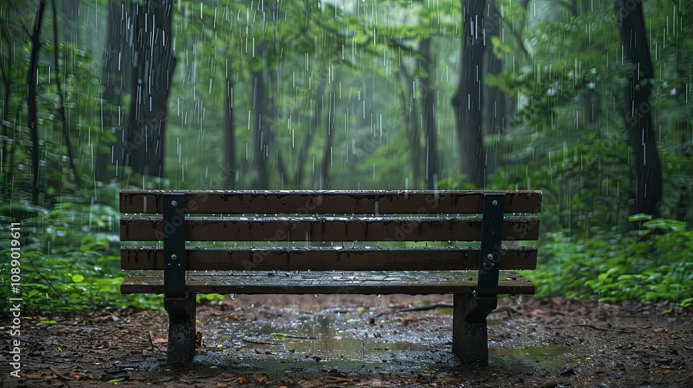 Rain-soaked park bench under a heavy downpour in a lush green forest. Rain-soaked park bench under a heavy downpour in a lush green forest.