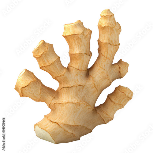 Natural ginger root displayed in its raw form, showcasing unique textures and shapes., isolated on a transparent background.