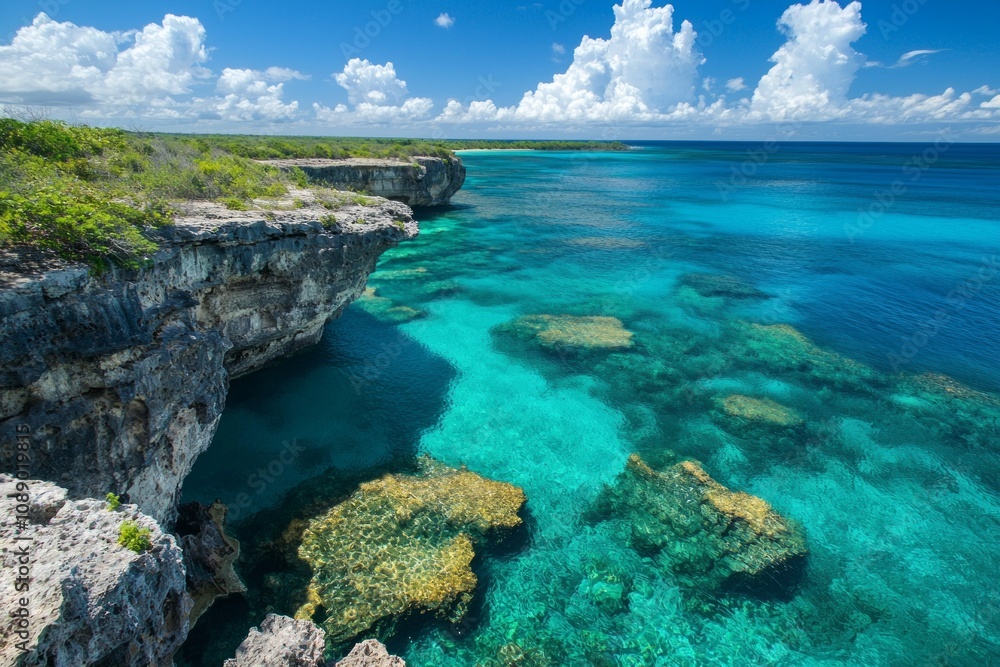 Top dow view from a cliff, overlooking crystal-clear turquoise waters with coral reefs in them. 