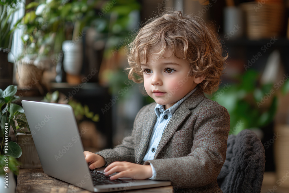 A child sitting at a desk in a suit, typing on a laptop with a serious expression 