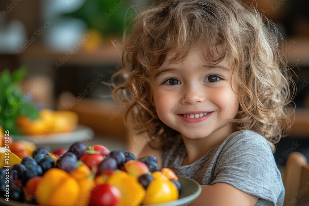 A child sitting at a table, eating a healthy snack of fruit and vegetables, smiling happily A child sitting at a table, eating a healthy snack of fruit and vegetables, smiling happily