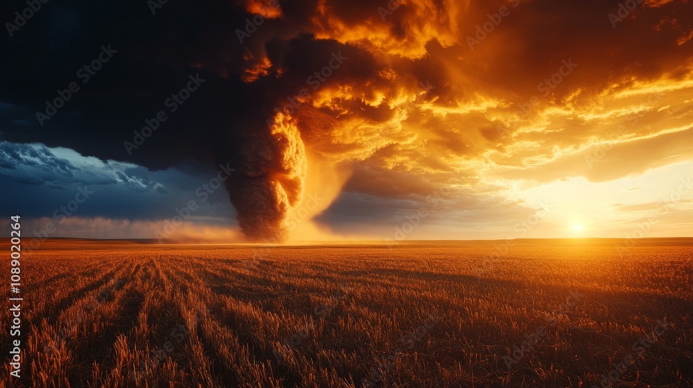 Fiery Sunset Tornado over Golden Field Dramatic Weather Landscape Fiery Sunset Tornado over Golden Field Dramatic Weather Landscape