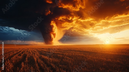 Fiery Sunset Tornado over Golden Field Dramatic Weather Landscape