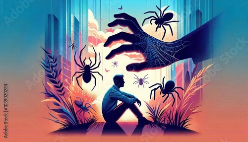 Illustration of a phobia sufferer facing their fear with giant spiders and an eerie hand reaching out, creating a sense of anxiety and challenge in a vibrant artistic design. photo