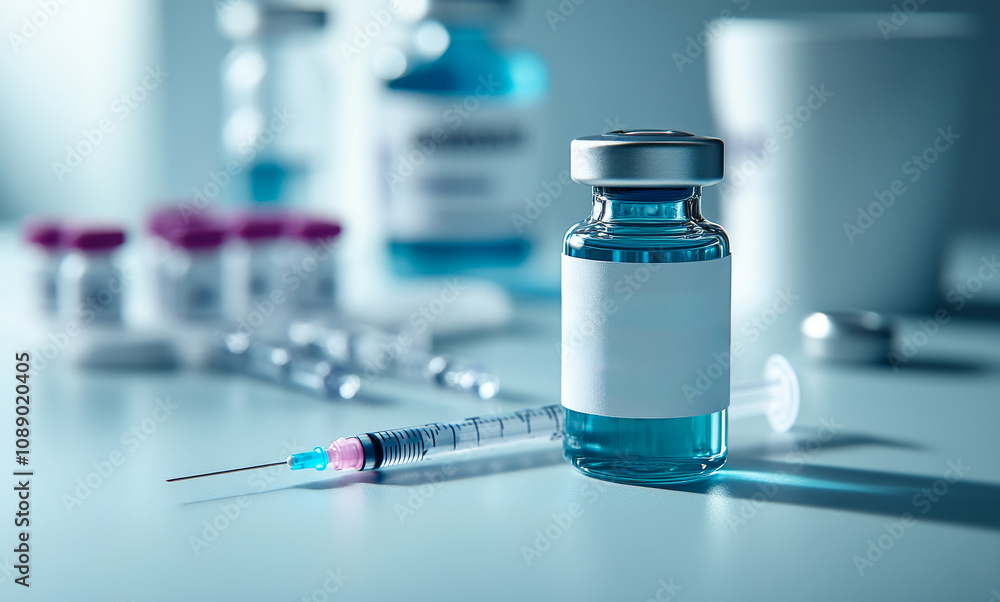 A bottle of medicine with a syringe next to it. The bottle is blue and the syringe is pink A bottle of medicine with a syringe next to it. The bottle is blue and the syringe is pink