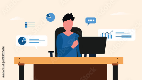 CA, Data Analyst character working in office. Man siting in office with monitor screen on table finance icons: bar charts, pie charts. Workplace, office room of CA, Data analyst. 