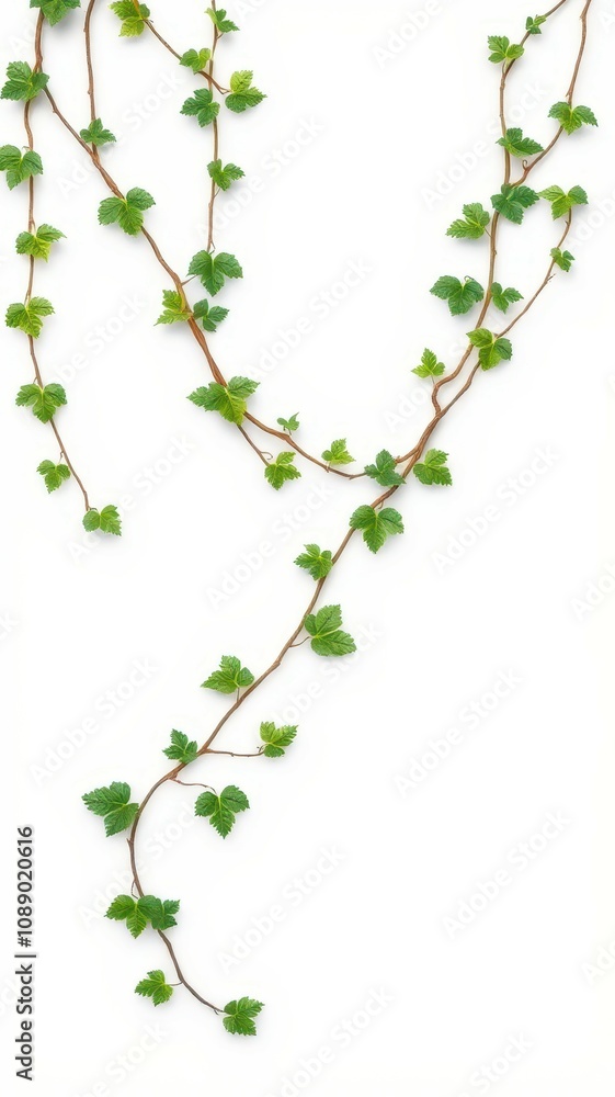 Vines with vibrant green leaves curl gracefully against a stark white backdrop Vines with vibrant green leaves curl gracefully against a stark white backdrop