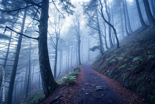 A misty mountain trail with a dark blue purple gradient of the forest floor, bluedeviation, naturephotography, scenicview, darkpurple, mountainforest photo