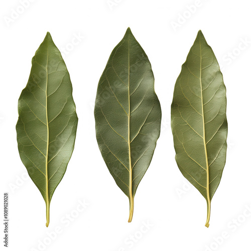 Three bay leaves showcasing their vibrant green color and distinct texture.