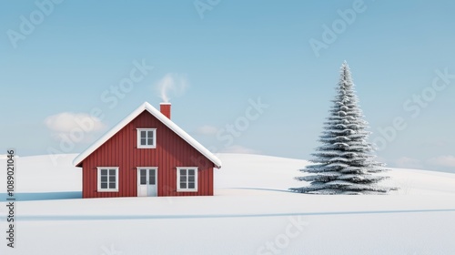 Cozy red house surrounded by snow and evergreen tree.