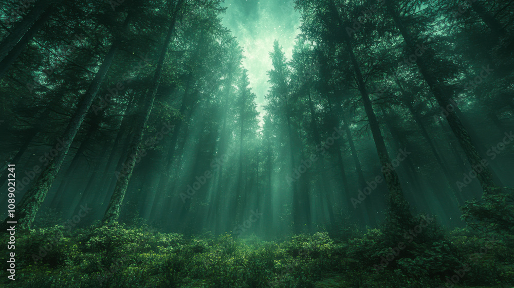 A mystical forest scene depicting dense trees and vibrant greenery under a misty atmosphere with soft light filtering through the canopy A mystical forest scene depicting dense trees and vibrant greenery under a misty atmosphere with soft light filtering through the canopy