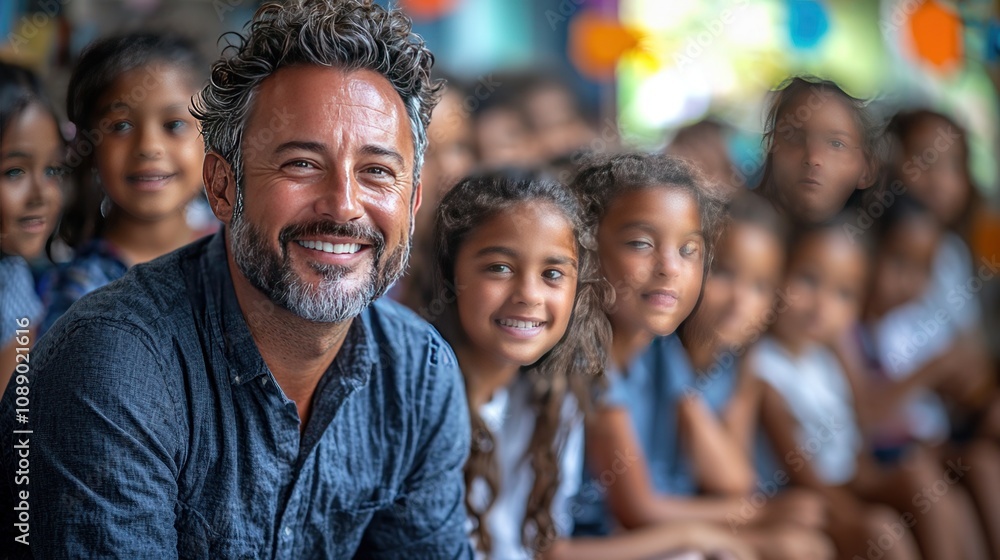 Happy Man Smiling with Diverse Group of Children Happy Man Smiling with Diverse Group of Children