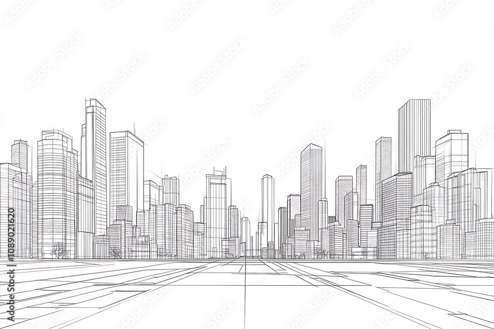 Urban Skyline: A Modern Cityscape Drawing - Architectural Design Sketch Urban Skyline: A Modern Cityscape Drawing - Architectural Design Sketch
