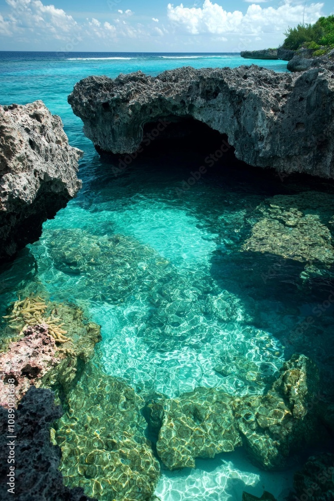 Top dow view from a cliff, overlooking crystal-clear turquoise waters with coral reefs in them. Top dow view from a cliff, overlooking crystal-clear turquoise waters with coral reefs in them.