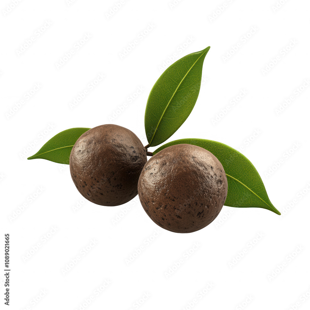 Obraz premium Two round, brown fruits with green leaves, showcasing their natural freshness., isolated on a transparent background.