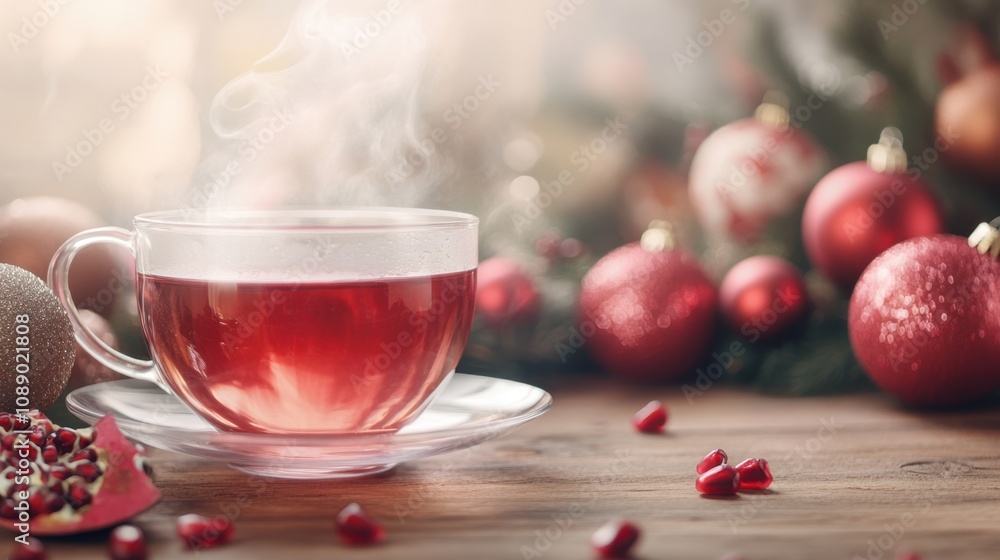 Festive Hot Tea with Steam amidst Christmas Decorations Festive Hot Tea with Steam amidst Christmas Decorations