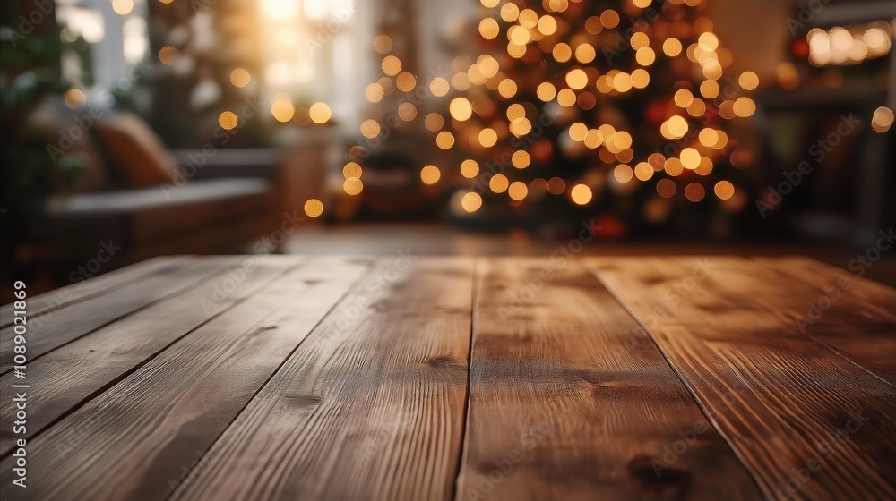 Rich wooden surface with polished planks softly lit by festive Christmas tree lights in background Rich wooden surface with polished planks softly lit by festive Christmas tree lights in background