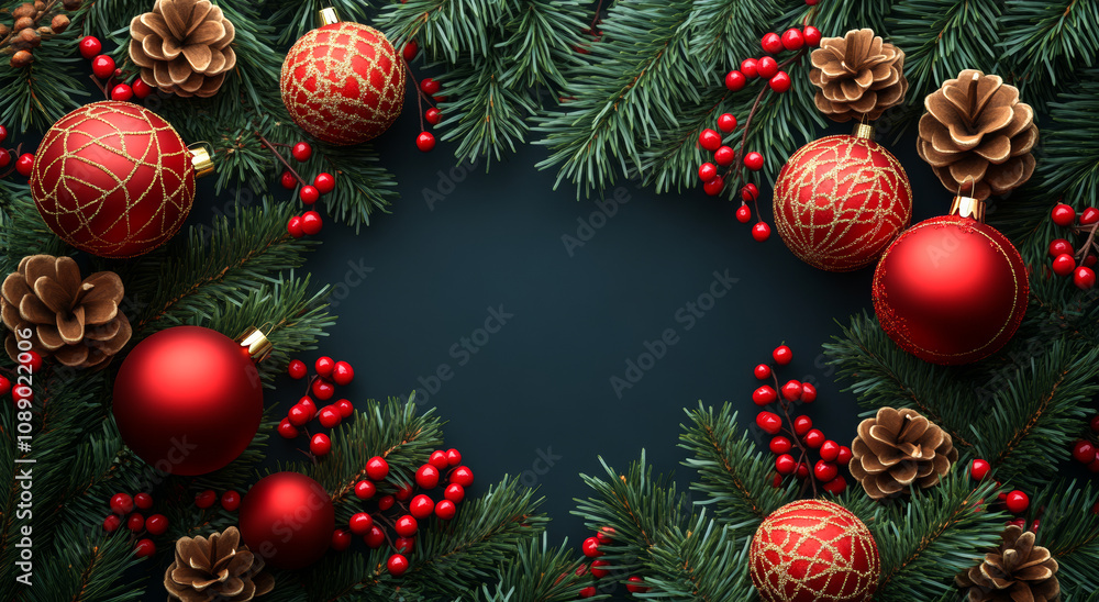 A wreath of red and gold ornaments with pine cones and berries. The wreath is on a blue background A wreath of red and gold ornaments with pine cones and berries. The wreath is on a blue background