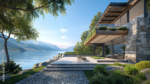 Contemporary Lakefront Villa with Expansive Terrace and Panoramic Mountain Views