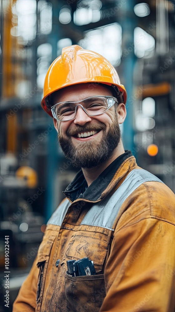 Smiling Construction Worker in Hard Hat and Safety Glasses Smiling Construction Worker in Hard Hat and Safety Glasses