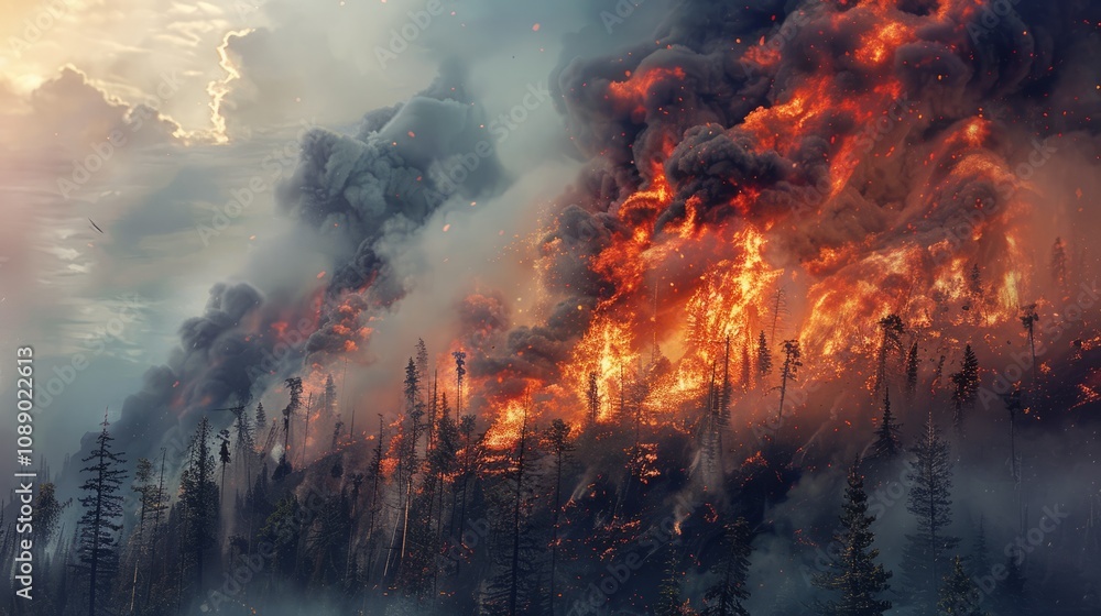 Intense wildfire consuming trees and producing thick smoke during a dangerous forest fire Intense wildfire consuming trees and producing thick smoke during a dangerous forest fire