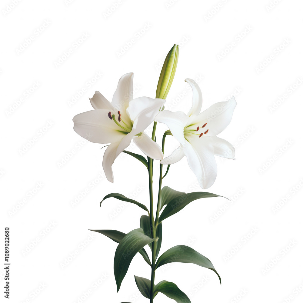 A beautiful pair of white lilies with vibrant green leaves, symbolizing purity and beauty., isolated on a transparent background. A beautiful pair of white lilies with vibrant green leaves, symbolizing purity and beauty., isolated on a transparent background.