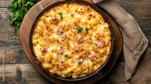 A white bowl of macaroni and cheese with meat and herbs. The macaroni is cooked and the cheese is melted