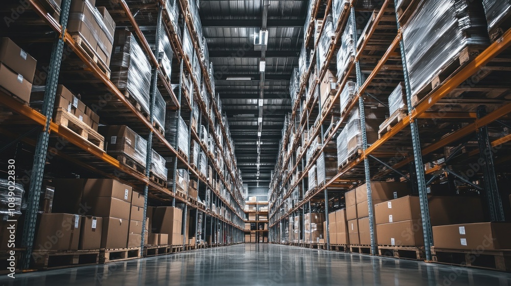 A warehouse with a lot of boxes on the shelves. There are many boxes on the shelves and the floor A warehouse with a lot of boxes on the shelves. There are many boxes on the shelves and the floor