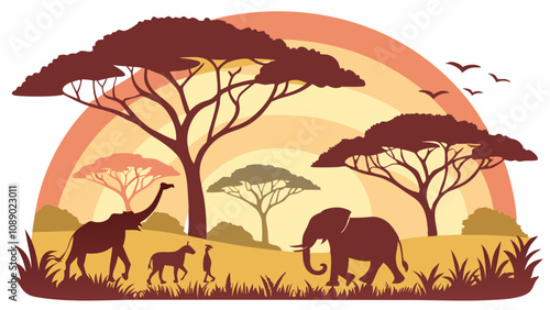 Africa paper cut landscape with animals and savannah trees at sunset vector.