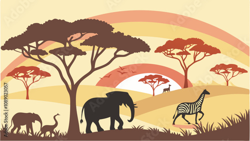 Africa paper cut landscape with animals and savannah trees at sunset vector.