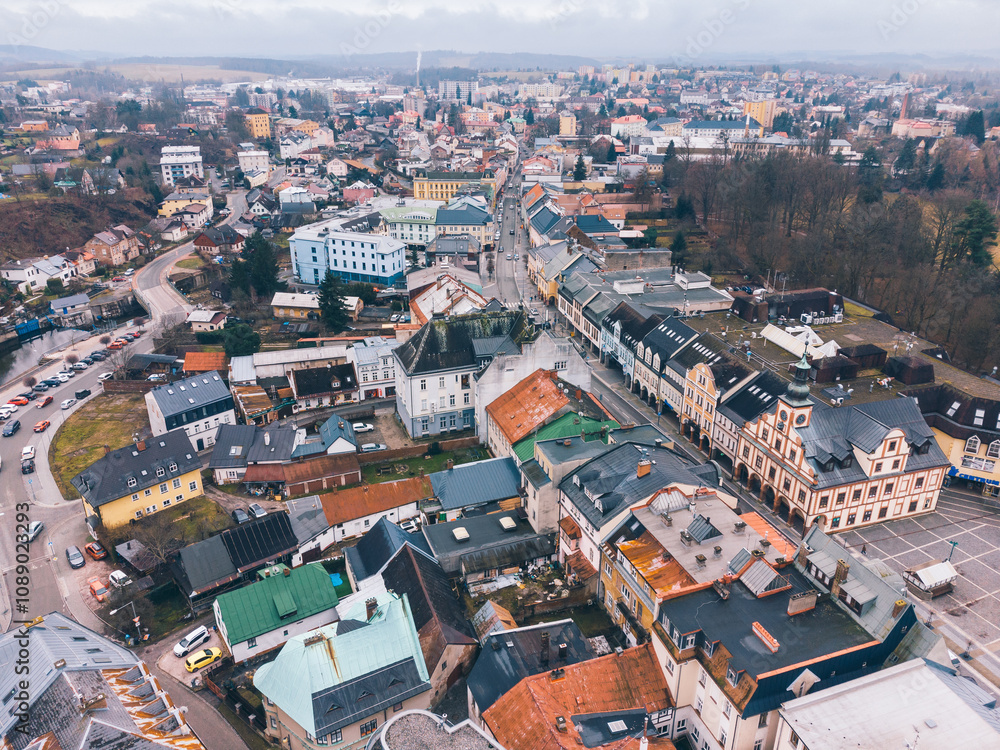 Naklejka premium Aerial View European Town Center, Houses and Streets, Vrchlabi, Czechia