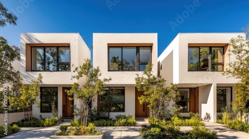 A row of white houses with brown trim. The houses are all the same size and have a similar design