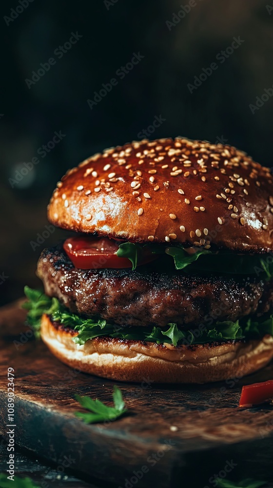 Juicy Beef Burger with Sesame Seed Bun - Close Up Juicy Beef Burger with Sesame Seed Bun - Close Up