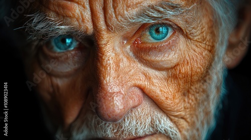 Close up Portrait of Senior Man Wrinkled Face Blue Eyes Elderly